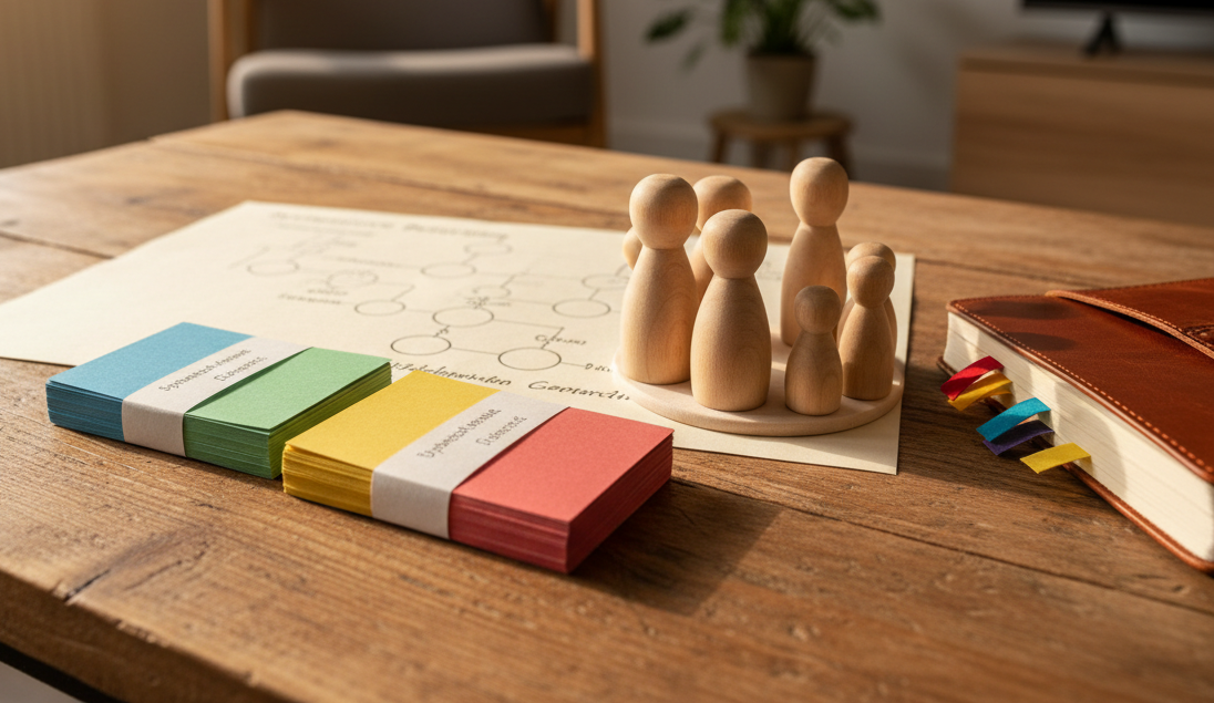 A close-up of a structured counseling toolkit on a wooden table: color-coded index cards neatly stacked, a subtle systemische Beratung genogram chart partially visible on thick, off-white paper, and a set of smooth wooden figurines arranged in a small circle, each with distinct natural grain patterns. Nearby lies a softly worn leather-bound notebook with page markers peeking out. The background fades into a softly blurred counseling room with light walls and a hint of greenery. Warm, indirect afternoon light from an unseen window casts delicate shadows and emphasizes textures. Photographic realism with shallow depth of field, shot at a low angle, evoking clarity, methodical support, and a safe framework for dealing with stress and life crises.