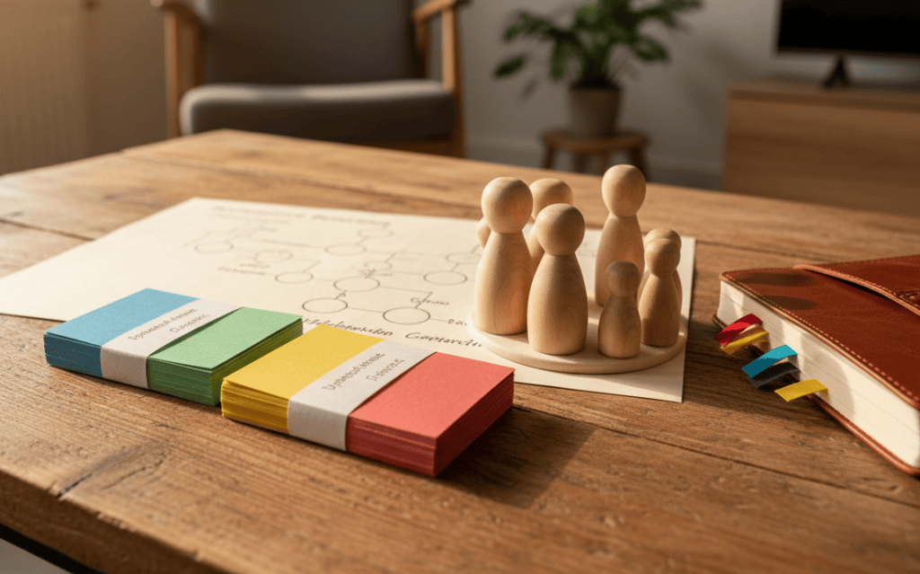 A close-up of a structured counseling toolkit on a wooden table: color-coded index cards neatly stacked, a subtle systemische Beratung genogram chart partially visible on thick, off-white paper, and a set of smooth wooden figurines arranged in a small circle, each with distinct natural grain patterns. Nearby lies a softly worn leather-bound notebook with page markers peeking out. The background fades into a softly blurred counseling room with light walls and a hint of greenery. Warm, indirect afternoon light from an unseen window casts delicate shadows and emphasizes textures. Photographic realism with shallow depth of field, shot at a low angle, evoking clarity, methodical support, and a safe framework for dealing with stress and life crises.