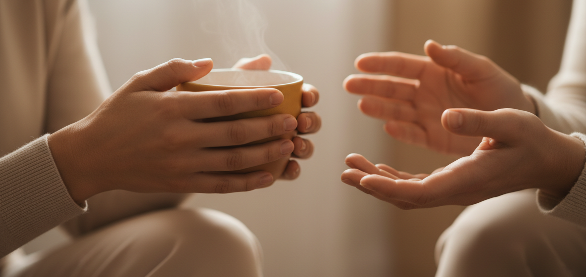 Close-up detail shot of two people in a warm, professional conversation – only hands visible, one person gently holding a cup of tea, soft natural light, neutral warm tones, calm and emotionally safe atmosphere, shallow depth of field, professional psychological counseling mood, no faces, no room visible, clean and modern
